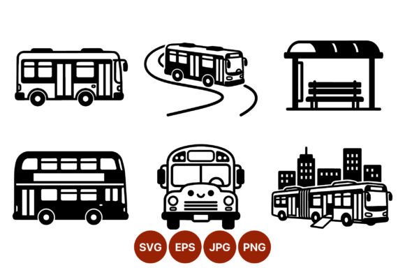 Bus Vector Icons Black White Set: Graphics for Crafts
