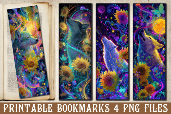 Cosmic Galaxy Sunflower Wolf Bookmark: Graphics for Crafts