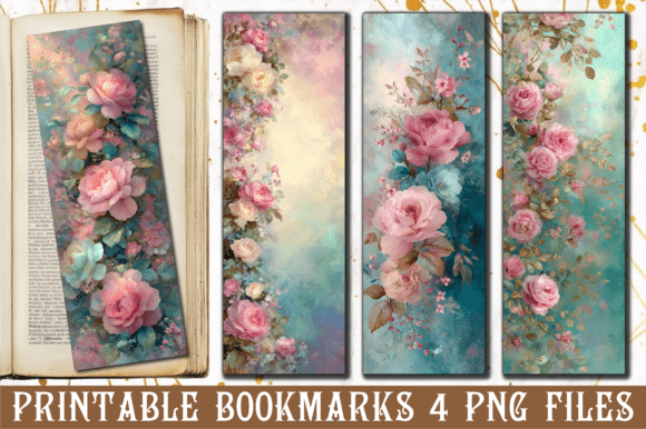 Pink Rose Teal Watercolor Bookmark Graphics & Crafts
