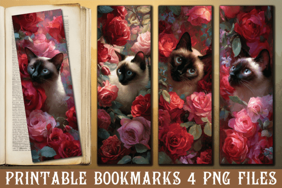 Siamese Cat Red Rose Garden Art Bookmark: Graphics for Crafts